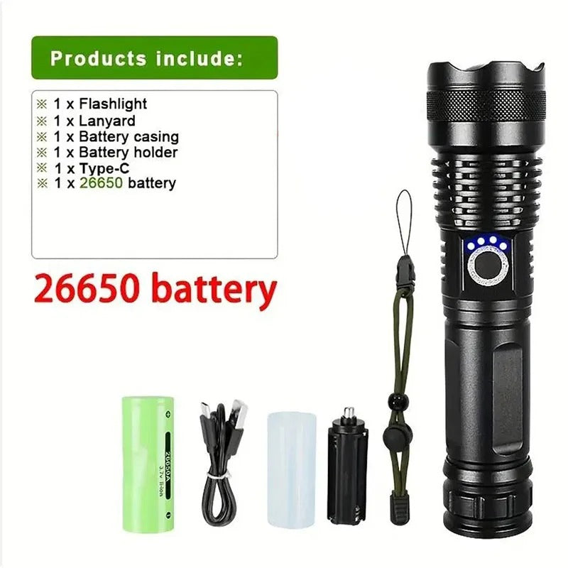 Powerful LED Rechargeable Flashlight | Tactical Ultra-High Intensity USB Charging Outdoor Torch