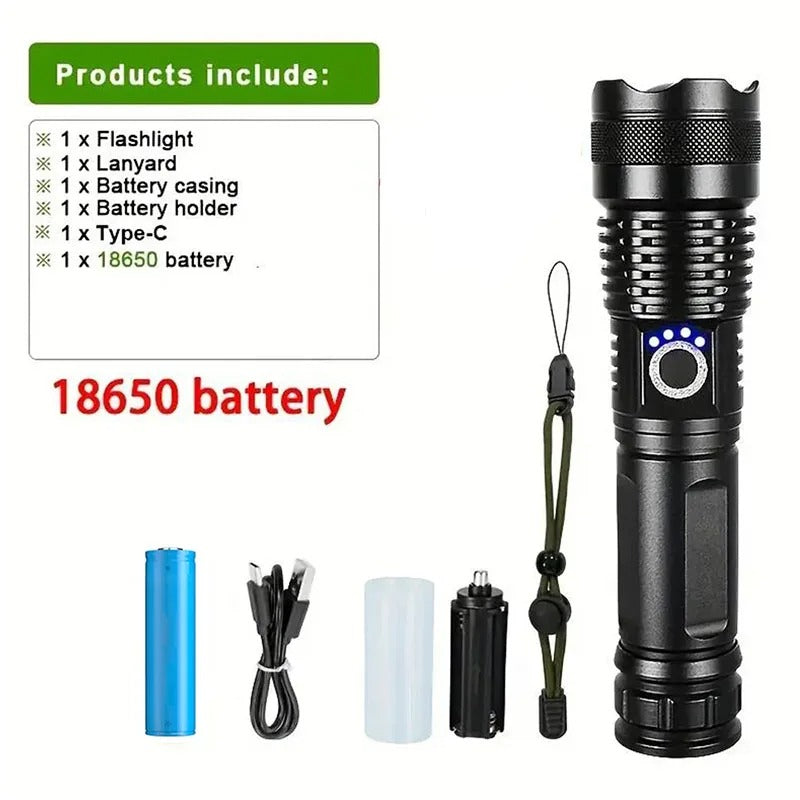 Powerful LED Rechargeable Flashlight | Tactical Ultra-High Intensity USB Charging Outdoor Torch